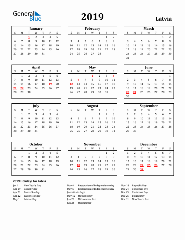 2019 Latvia Holiday Calendar - Sunday Start