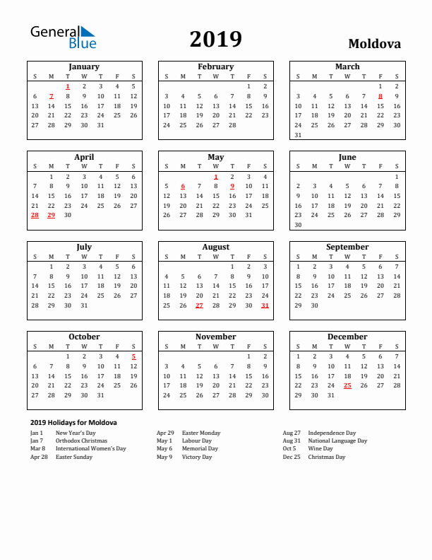 2019 Moldova Holiday Calendar - Sunday Start