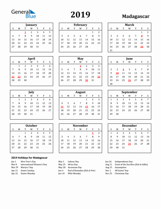 2019 Madagascar Holiday Calendar - Sunday Start