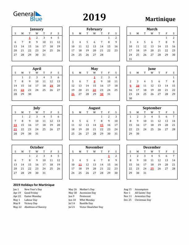 2019 Martinique Holiday Calendar - Sunday Start