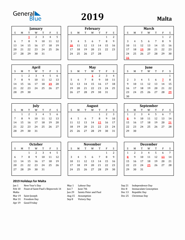 2019 Malta Holiday Calendar - Sunday Start