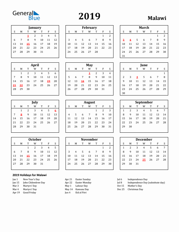 2019 Malawi Holiday Calendar - Sunday Start