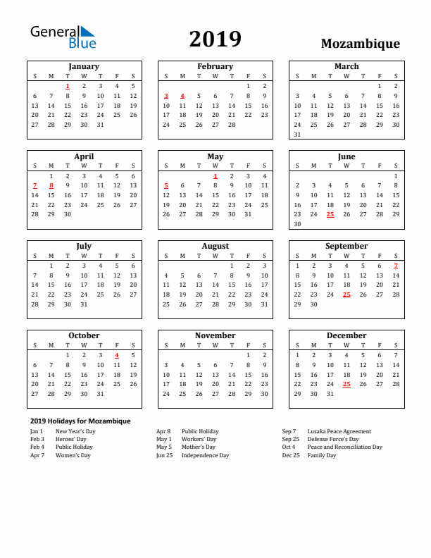 2019 Mozambique Holiday Calendar - Sunday Start