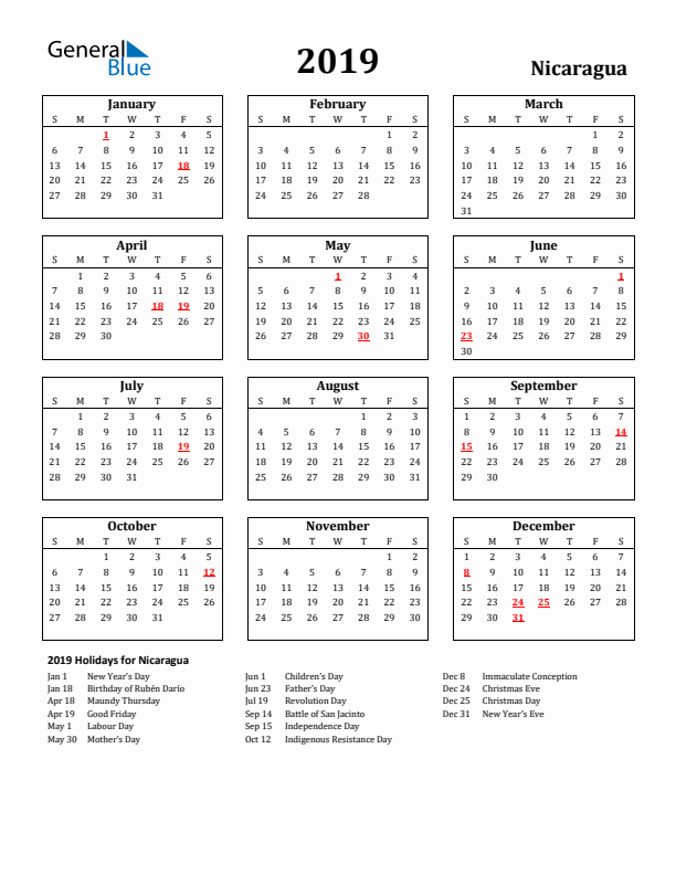 2019 Nicaragua Holiday Calendar - Sunday Start