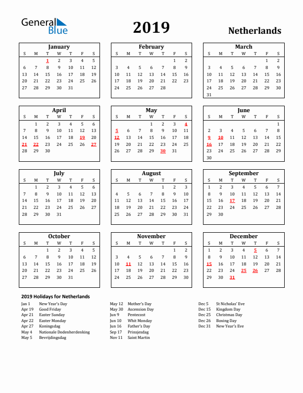 2019 The Netherlands Holiday Calendar - Sunday Start