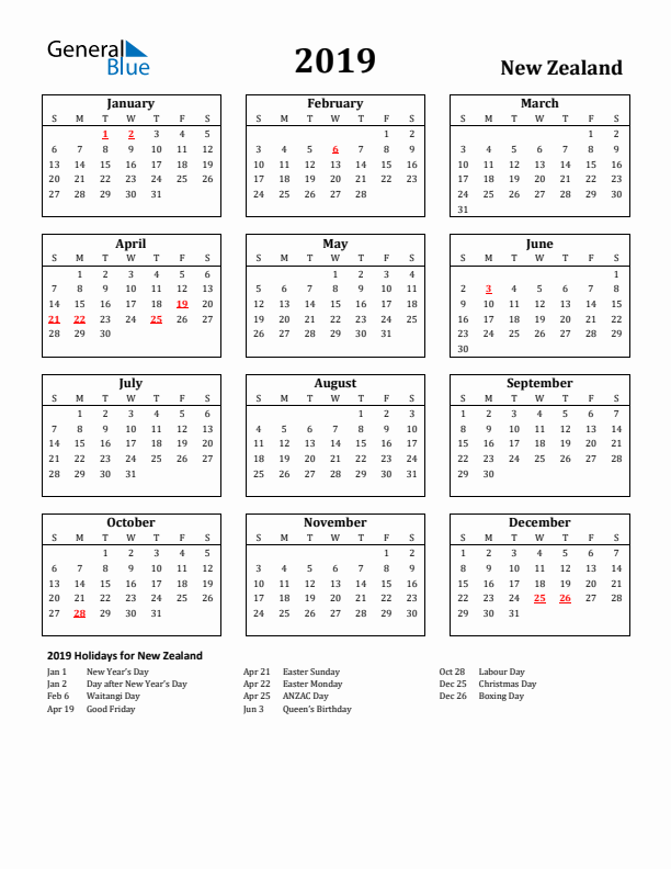 2019 New Zealand Holiday Calendar - Sunday Start