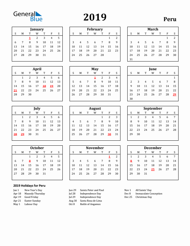 2019 Peru Holiday Calendar - Sunday Start