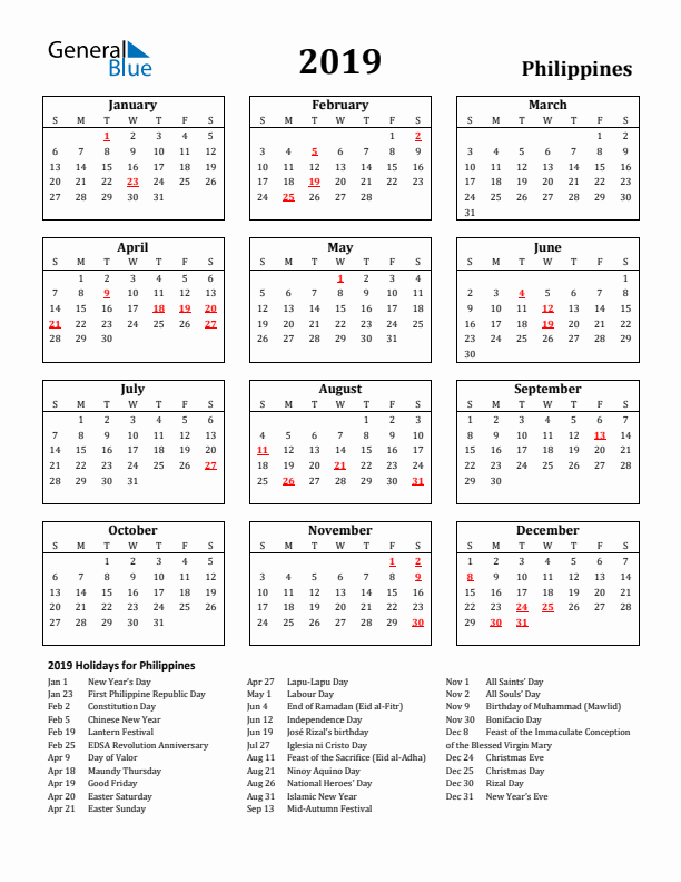2019 Philippines Holiday Calendar - Sunday Start