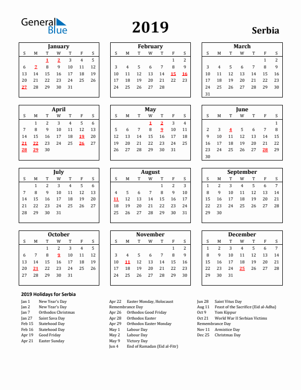 2019 Serbia Holiday Calendar - Sunday Start