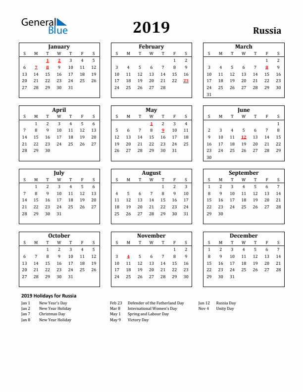 2019 Russia Holiday Calendar - Sunday Start