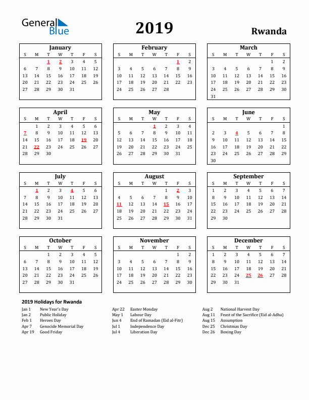 2019 Rwanda Holiday Calendar - Sunday Start