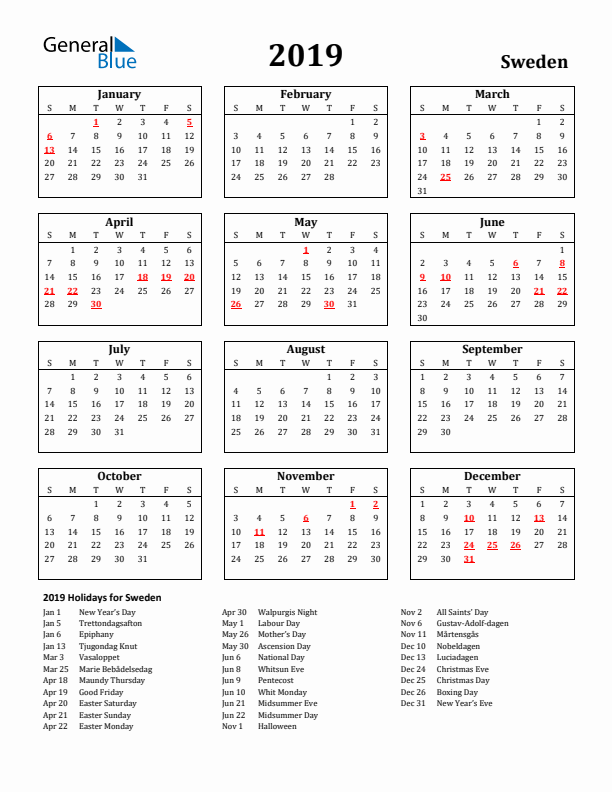 2019 Sweden Holiday Calendar - Sunday Start