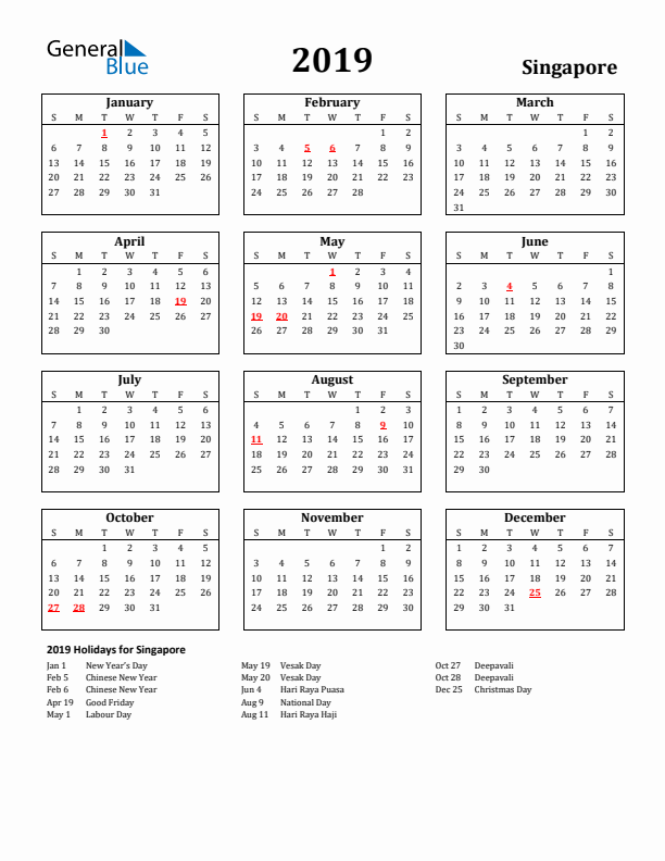 2019 Singapore Holiday Calendar - Sunday Start
