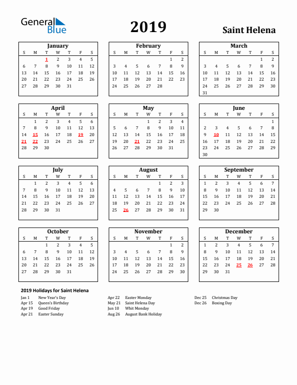 2019 Saint Helena Holiday Calendar - Sunday Start