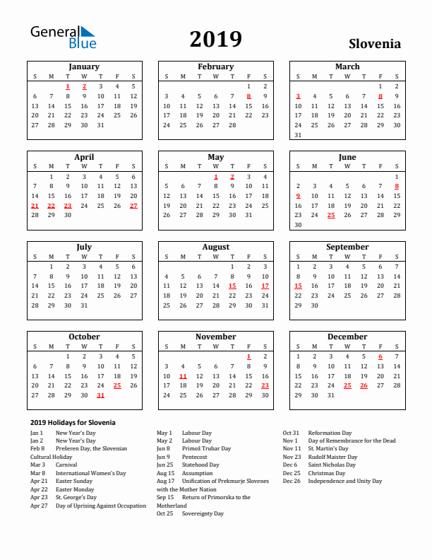 2019 Slovenia Holiday Calendar - Sunday Start