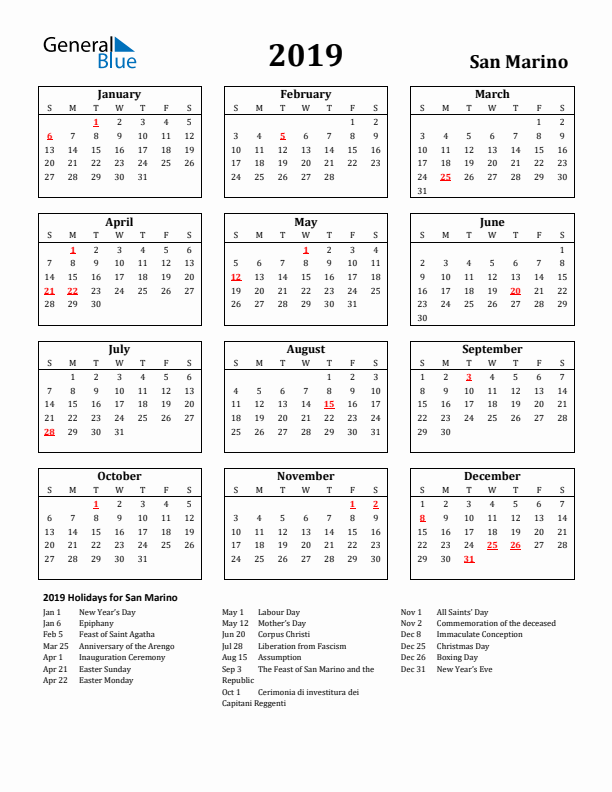 2019 San Marino Holiday Calendar - Sunday Start