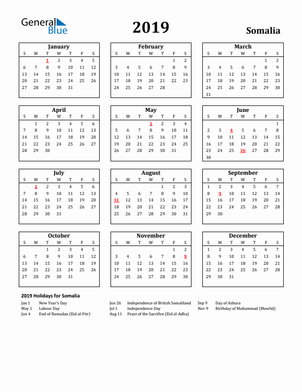 2019 Somalia Holiday Calendar - Sunday Start
