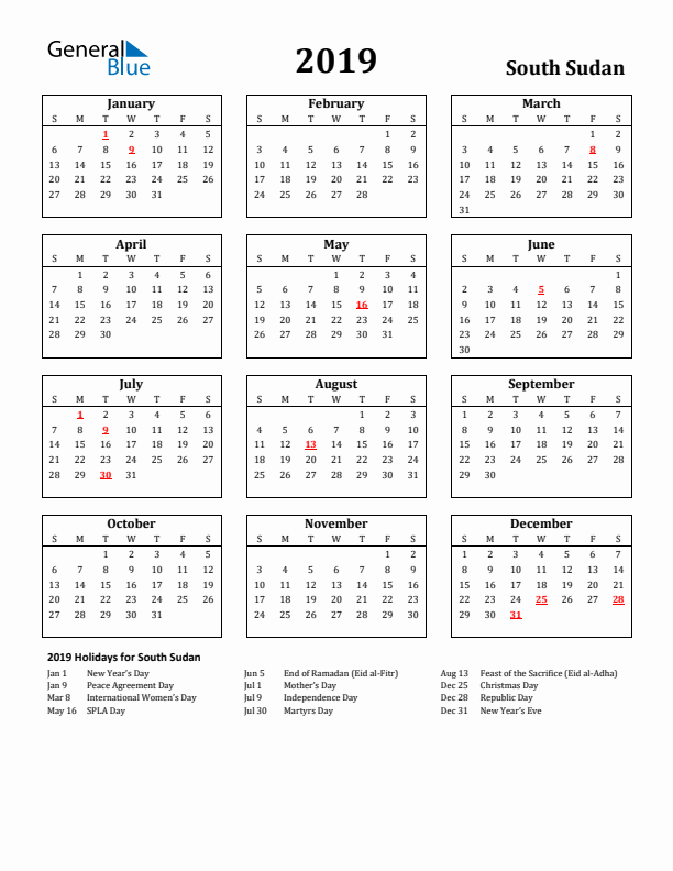 2019 South Sudan Holiday Calendar - Sunday Start
