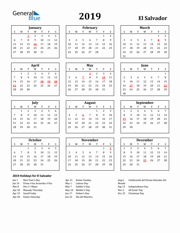 2019 El Salvador Holiday Calendar - Sunday Start