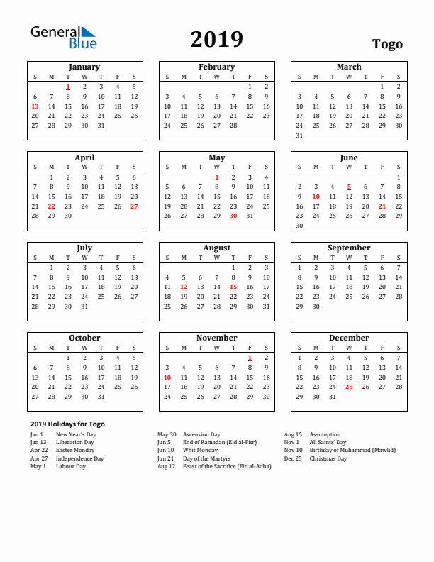 2019 Togo Holiday Calendar - Sunday Start