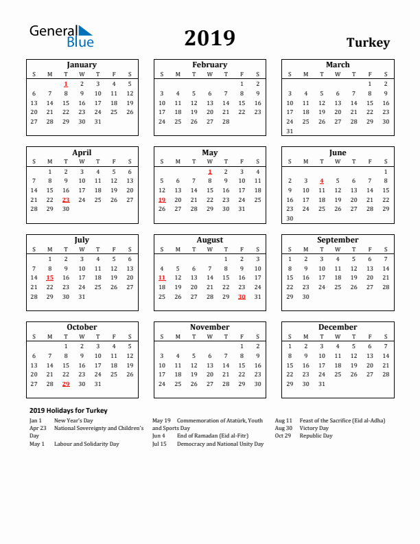 2019 Turkey Holiday Calendar - Sunday Start