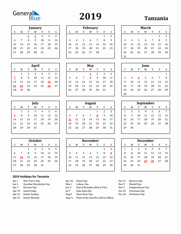 2019 Tanzania Holiday Calendar - Sunday Start