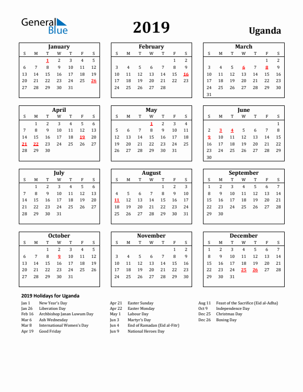 2019 Uganda Holiday Calendar - Sunday Start