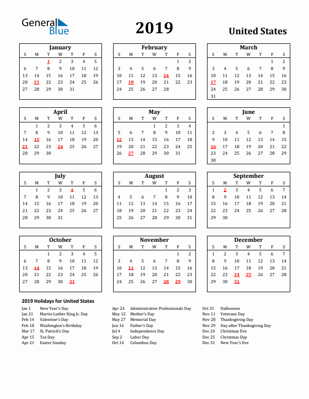 2019 United States Holiday Calendar - Sunday Start