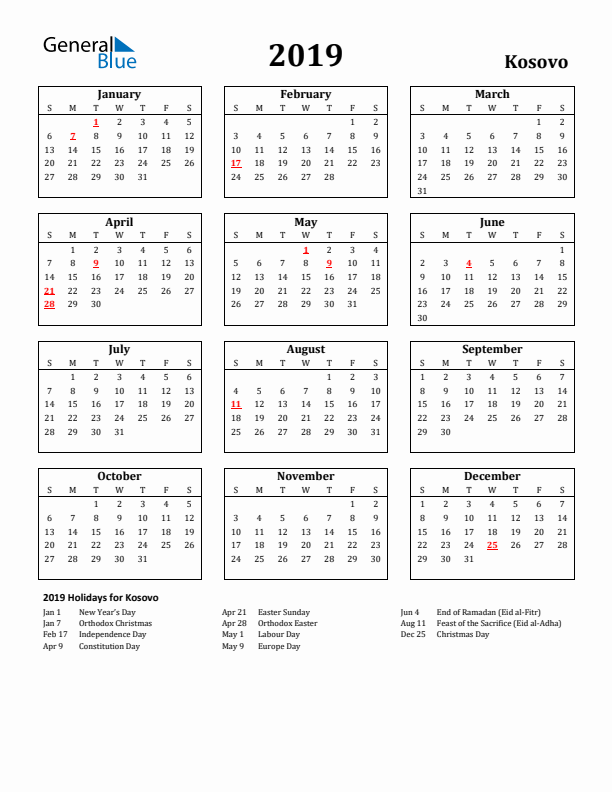 2019 Kosovo Holiday Calendar - Sunday Start