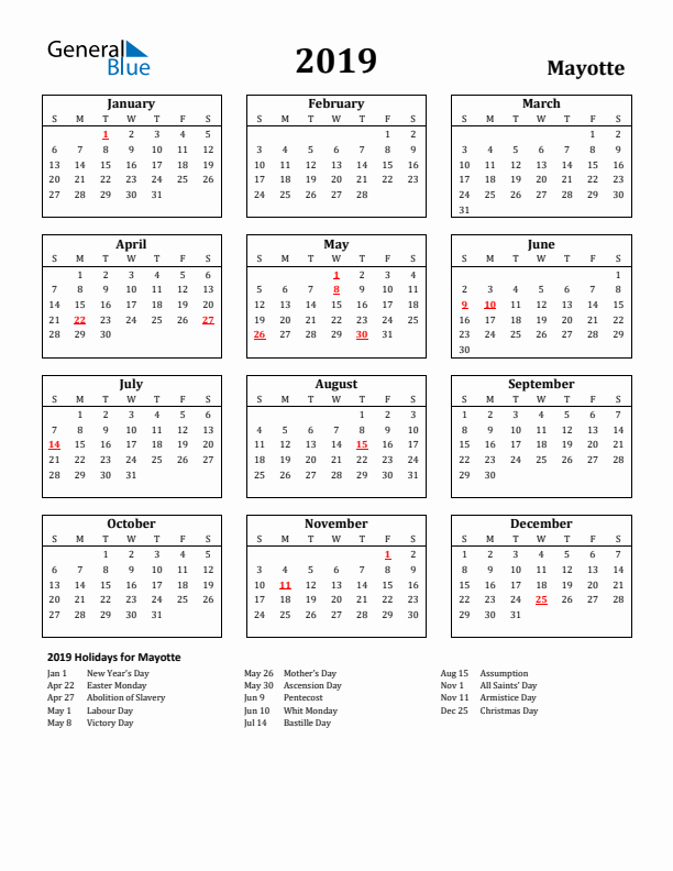 2019 Mayotte Holiday Calendar - Sunday Start