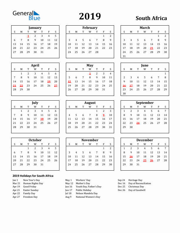 2019 South Africa Holiday Calendar - Sunday Start
