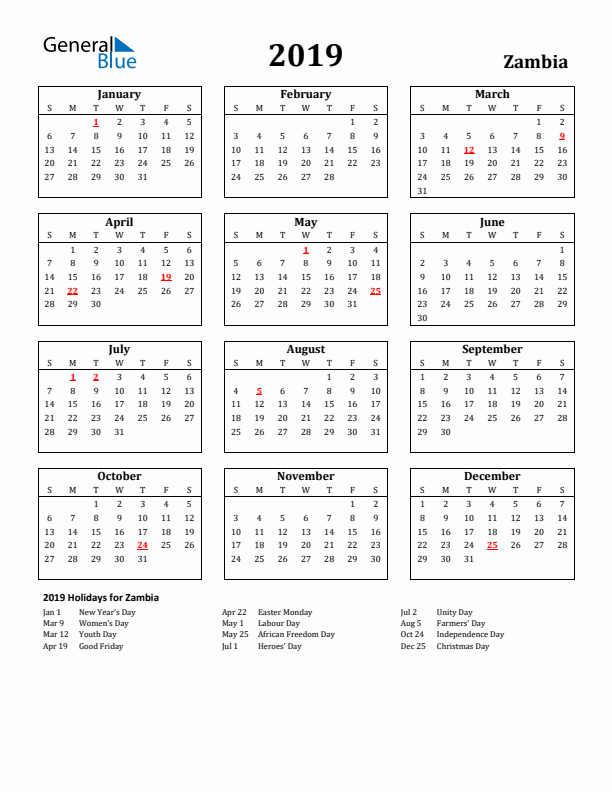 2019 Zambia Holiday Calendar - Sunday Start