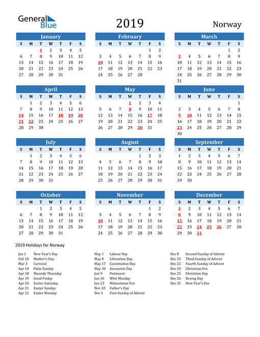 2019 Norway Calendar with Holidays