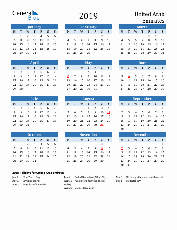 Printable Calendar 2019 with United Arab Emirates Holidays (Monday Start)