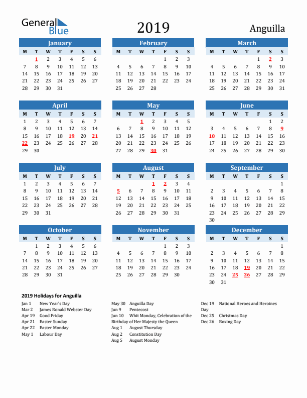 Printable Calendar 2019 with Anguilla Holidays (Monday Start)