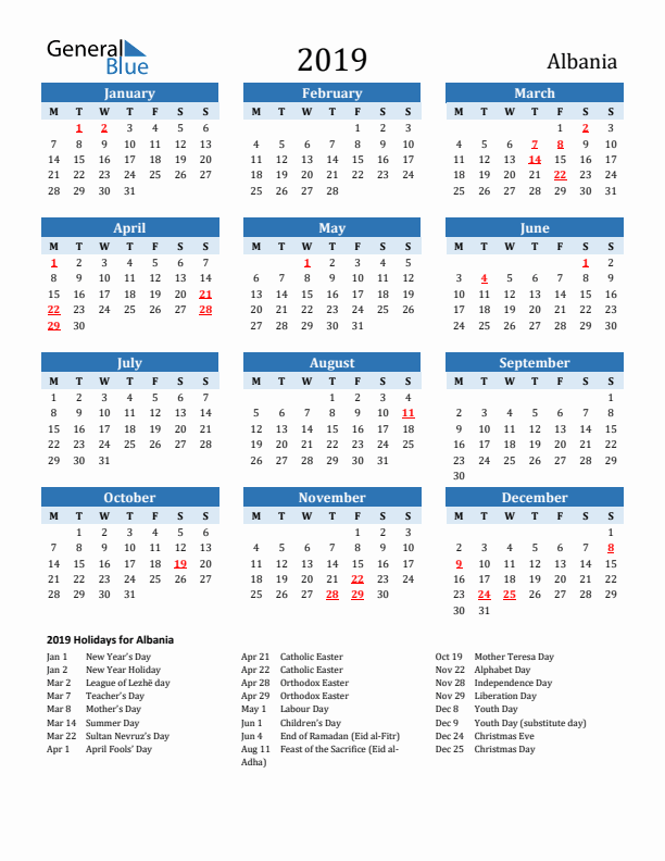 Printable Calendar 2019 with Albania Holidays (Monday Start)