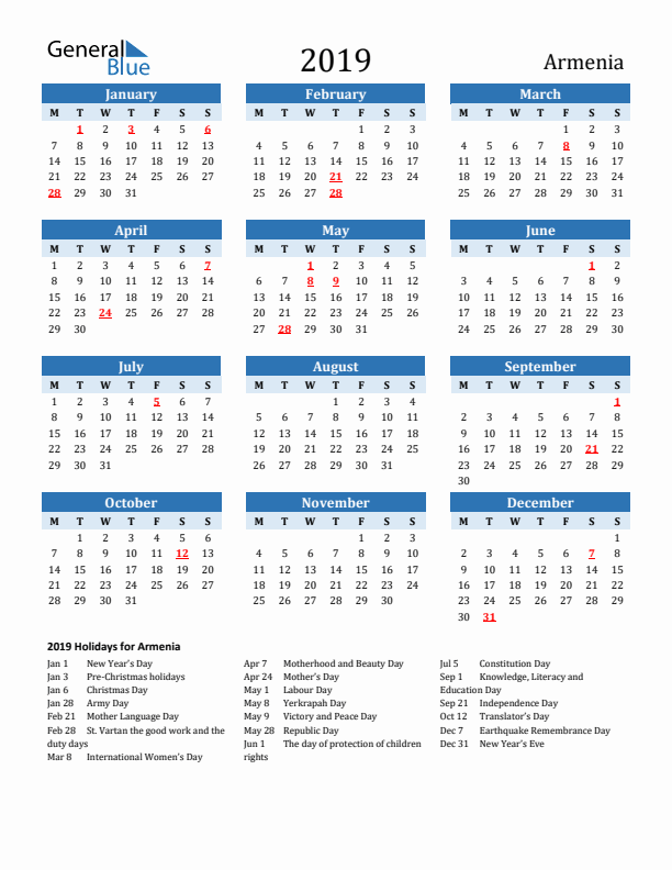 Printable Calendar 2019 with Armenia Holidays (Monday Start)
