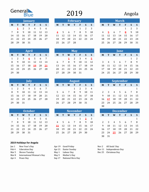 Printable Calendar 2019 with Angola Holidays (Monday Start)