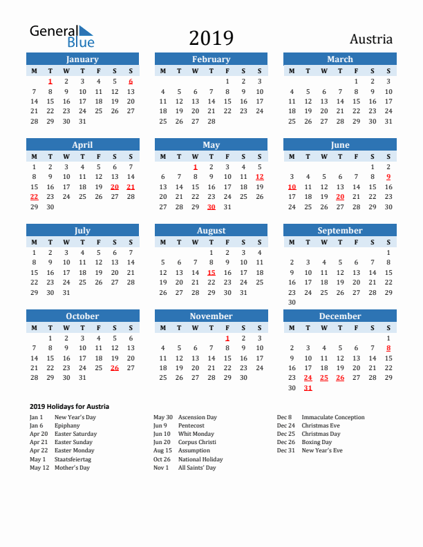 Printable Calendar 2019 with Austria Holidays (Monday Start)
