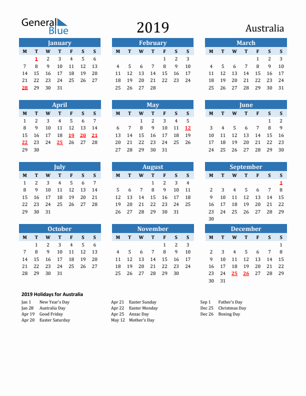 Printable Calendar 2019 with Australia Holidays (Monday Start)