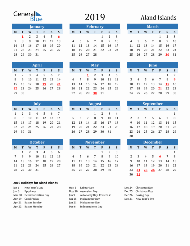 Printable Calendar 2019 with Aland Islands Holidays (Monday Start)