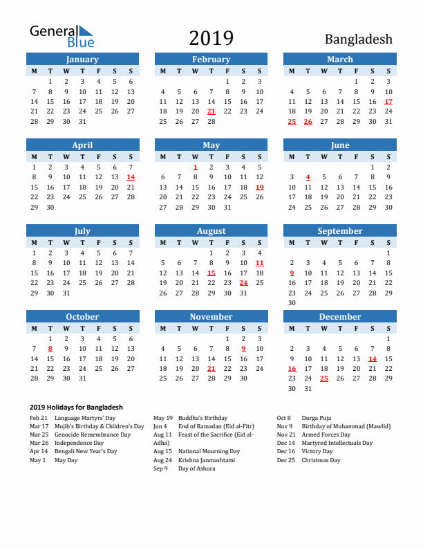 Printable Calendar 2019 with Bangladesh Holidays (Monday Start)