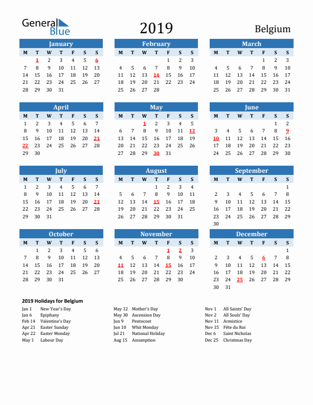 Printable Calendar 2019 with Belgium Holidays (Monday Start)