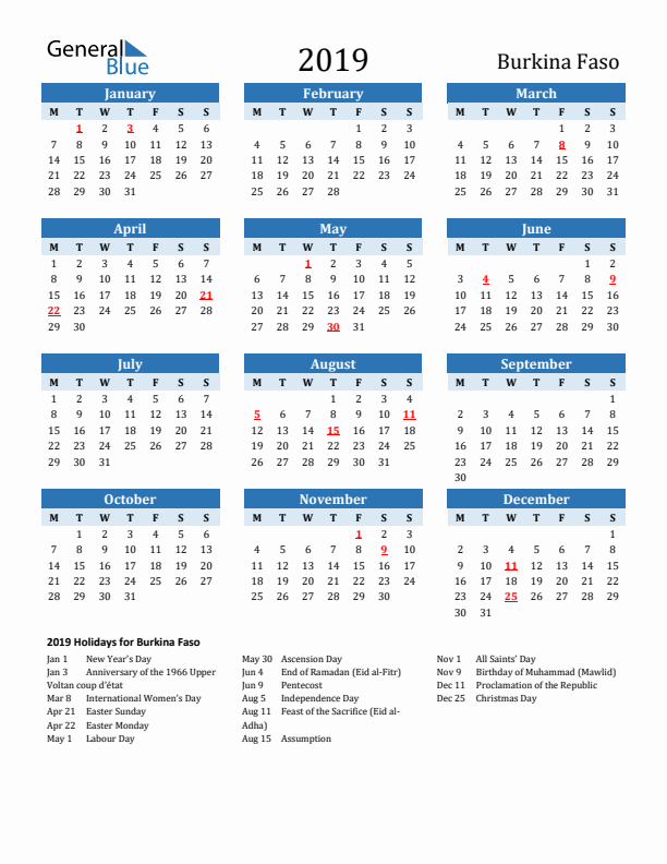 Printable Calendar 2019 with Burkina Faso Holidays (Monday Start)