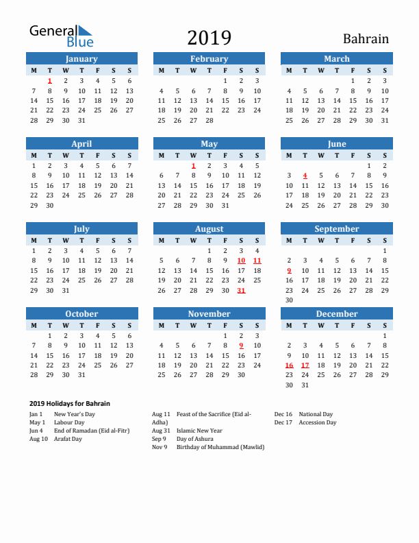 Printable Calendar 2019 with Bahrain Holidays (Monday Start)