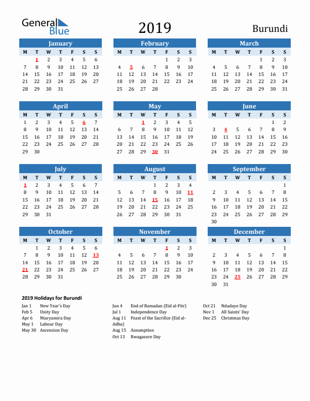 Printable Calendar 2019 with Burundi Holidays (Monday Start)