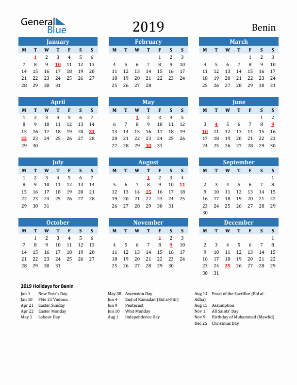Printable Calendar 2019 with Benin Holidays (Monday Start)