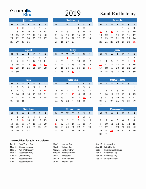 Printable Calendar 2019 with Saint Barthelemy Holidays (Monday Start)
