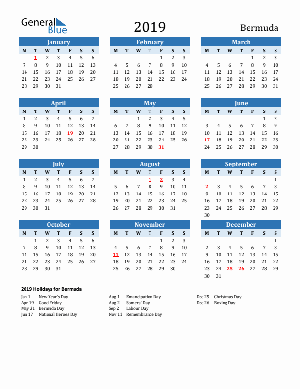 Printable Calendar 2019 with Bermuda Holidays (Monday Start)