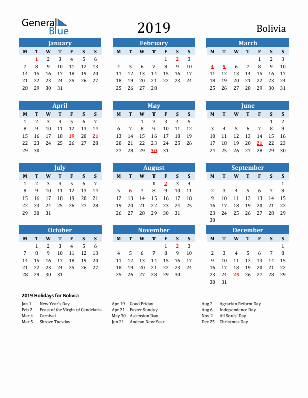 Printable Calendar 2019 with Bolivia Holidays (Monday Start)